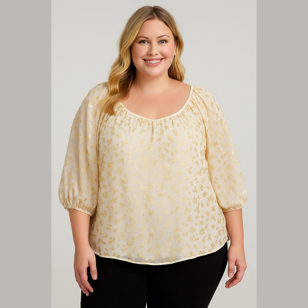LC Lauren Conrad Cream Puff Sleeve Blouse with Gold Floral Accents